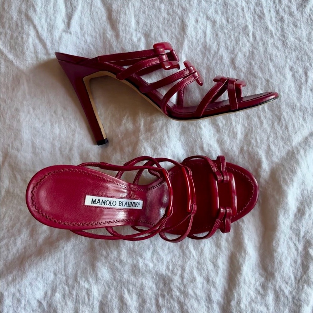 Manolo Blahnik Cherry Red Sandal Heels Size 7.5